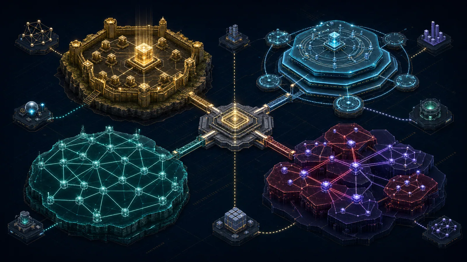 Abstract map comparing secure proof-of-work, layered settlement, high-throughput, multichain, and application-specific blockchain architectures