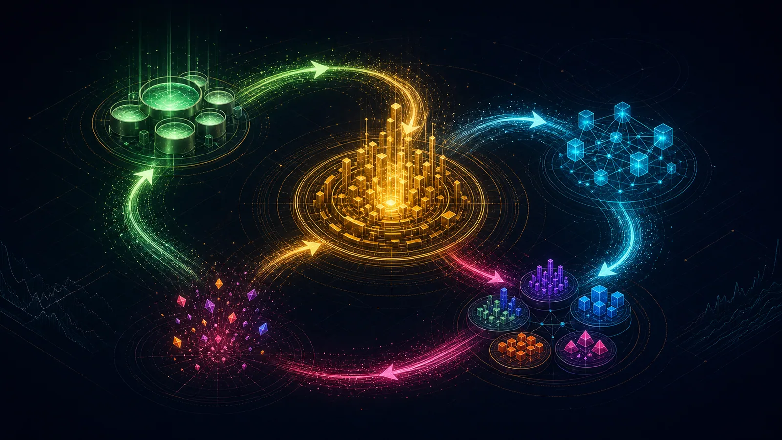 Circular flow of capital between stable reserves, Bitcoin, major smart-contract networks, sectors, and speculative small-cap assets